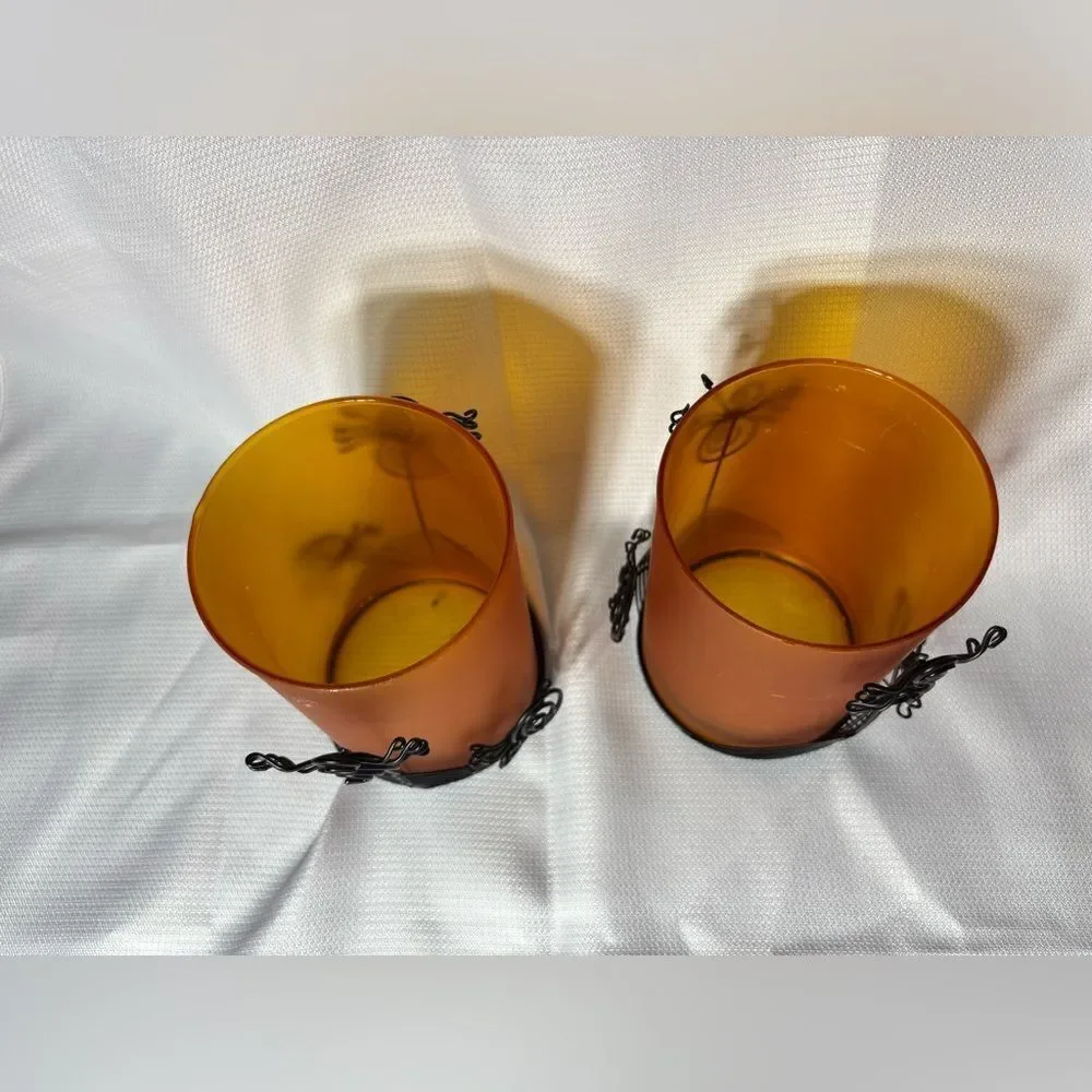 2 Orange Halloween Spiders Glass Candleholders Table Decor EPC